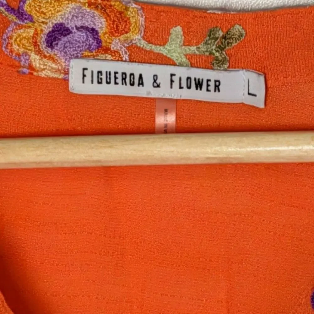 Figueroa & Flower Embroidered Boho Blouse L Orange Floral Button Front